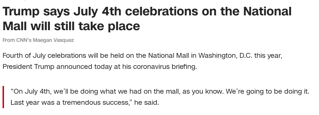 特朗普称7月4日庆祝活动仍将举行 人数控制在去