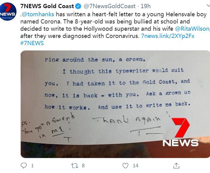 图为汤姆·汉克斯给小男孩的回信。（图片来源：澳大利亚新闻频道Channel 7社交网站截图）