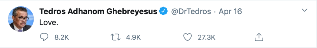 世卫组织总干事连发“一字推文”