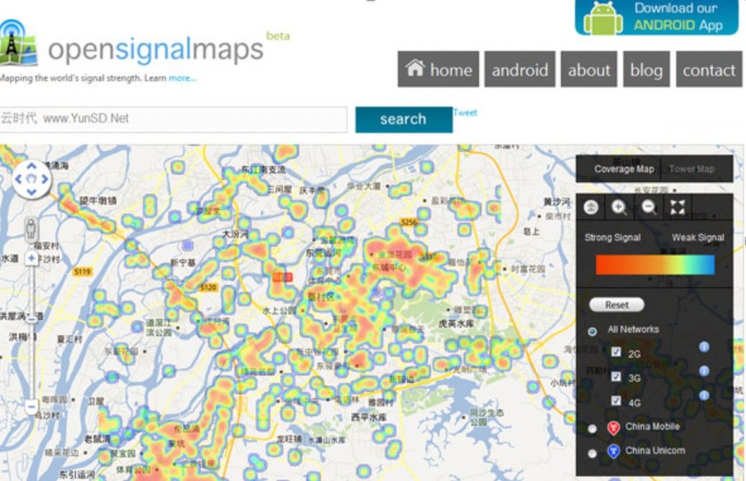 ▲OpenSignal.com的全球无线信号覆盖应用（作者供图）