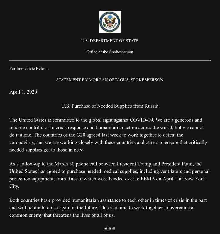 美国向俄罗斯购买60吨医疗物资已到货