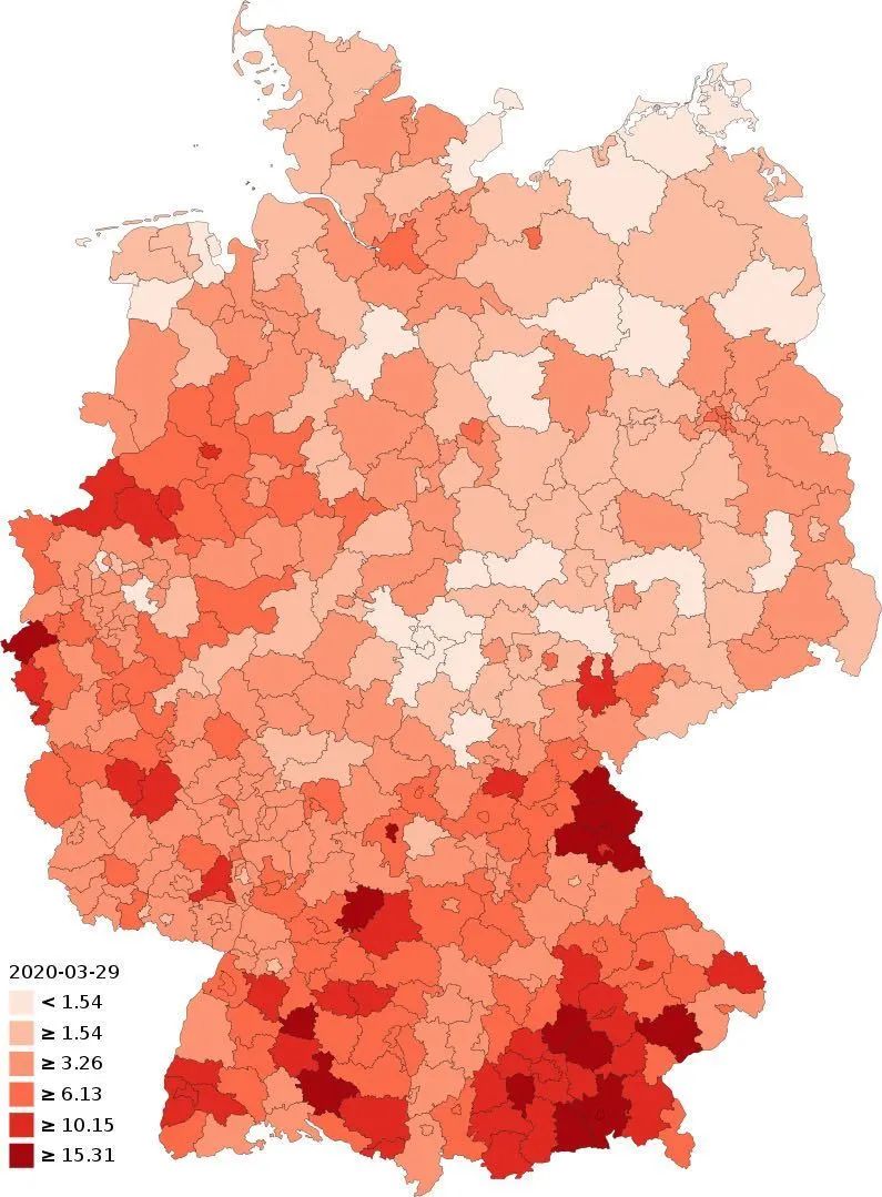 这是德国截止3月29日的,按地区划分的每万人确诊案例图.