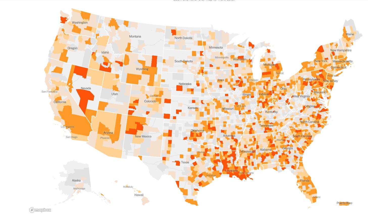 美国全国疫情新增趋势分布图