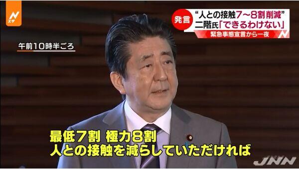 日本首相安倍晋三呼吁人际间接触能减少7至8成。（图片来源：JNN视频截图）