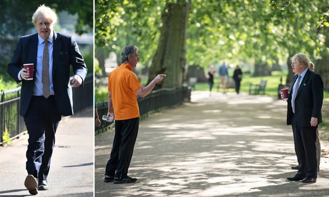 环球这样报道英首相步行上班不戴口罩喝饮料被指责