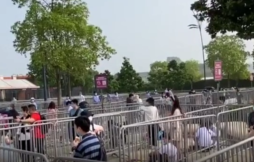 迪士尼门口设置一米线。视频截图
