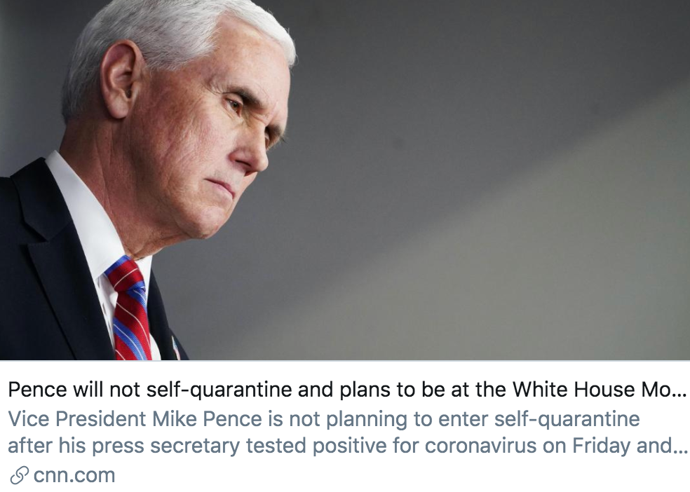 彭斯不会进行自我隔离，并计划于5月11日前往白宫。/ CNN报道截图