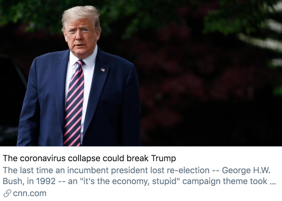 强劲的经济并未使特朗普连任，但新冠肺炎疫情或将击垮特朗普。/ CNN报道截图