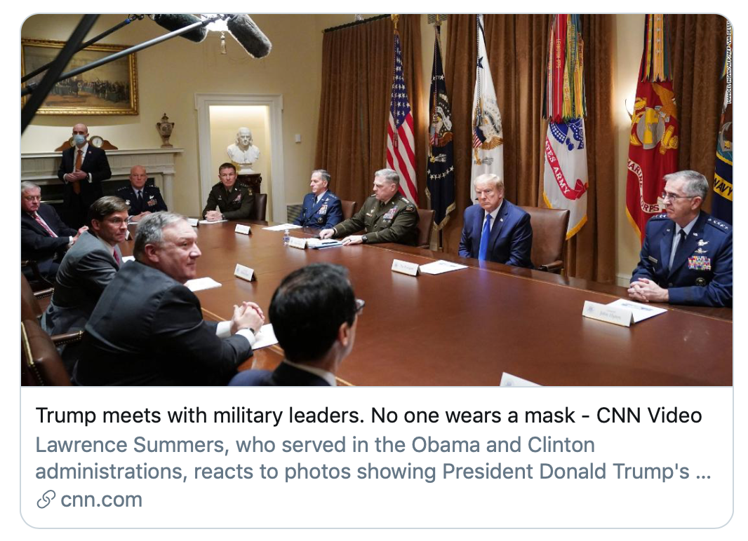  特朗普和军方高层会面皆未戴口罩。/CNN报道截图