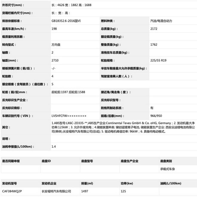 百公里油耗仅1.4L 长安福特锐际插电混动版曝光