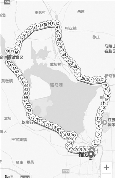 ▲跑步软件记录下徐军环骆马湖百公里超长跑的轨迹。