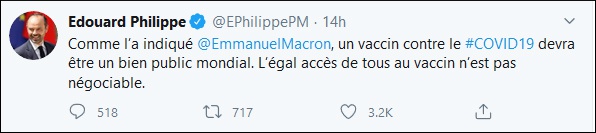 菲利普表示“所有人平等获得疫苗，是没有商量余地的” 社交媒体截图
