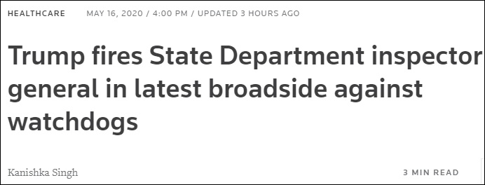 “特朗普对监察人员发起最新攻击，解雇了国务院监察长” 报道截图