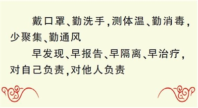 戴口罩,勤洗手,测体温,勤消毒,少聚集,勤通风早发现,早报告,早隔离,早