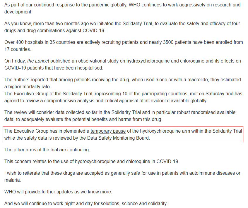 世卫组织暂停羟氯喹治疗新冠肺炎临床试验