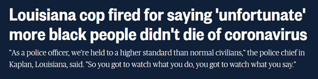 美国警察称“很不幸新冠没杀光黑人” 结果被辞