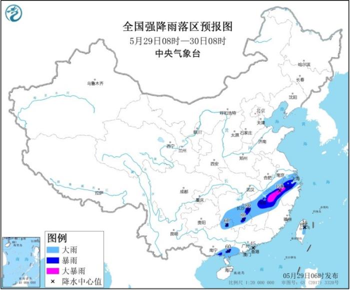 天下强降雨落区预告图(5月29日08时-30日08时)