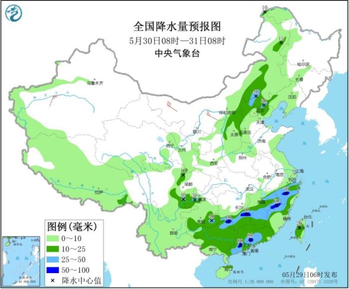 天下降水量预告图(5月30日08时-31日08时)