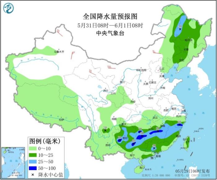 天下降水量预告图(5月31日08时-6月1日08时)