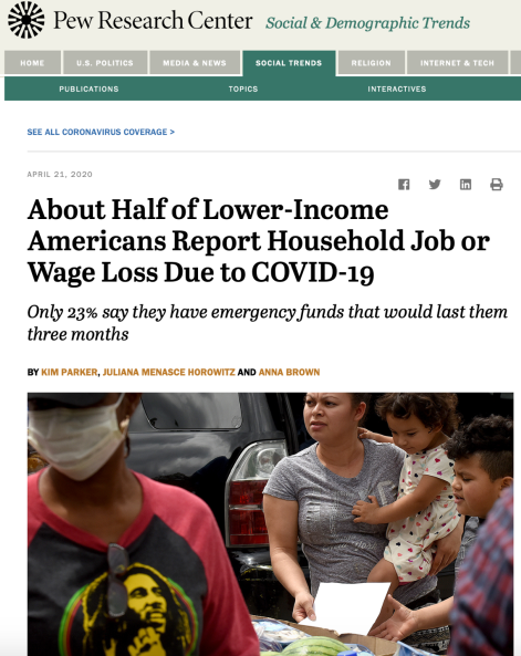 ▲皮尤研究中心报道指出,仅有23%低收入人群表示现有积蓄能撑过3个月。