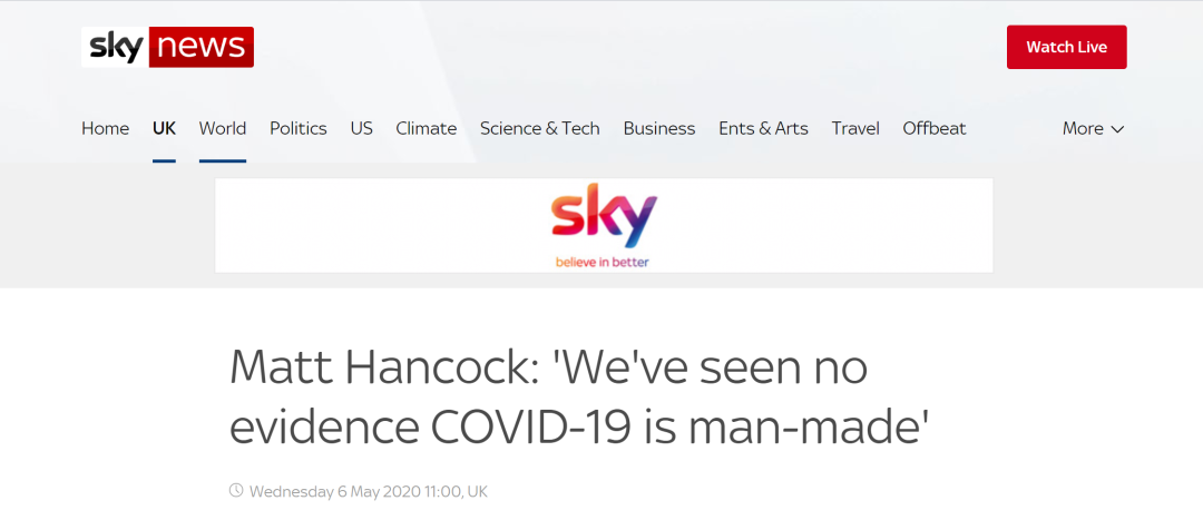 英国天空电视台:马修·汉考克:“我们没看到任何证据表现新冠病毒为人造”