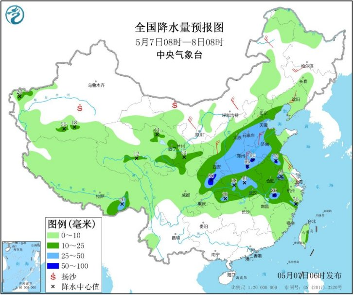 5月7日8时-8日8时天下降水量预告图。图片来自中心景象台