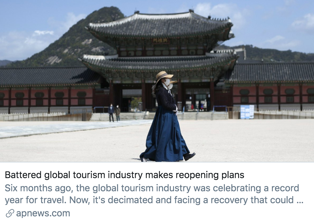 饱受打击的全球旅游业制定了“重新开放”的计划。/ 美联社报道截图