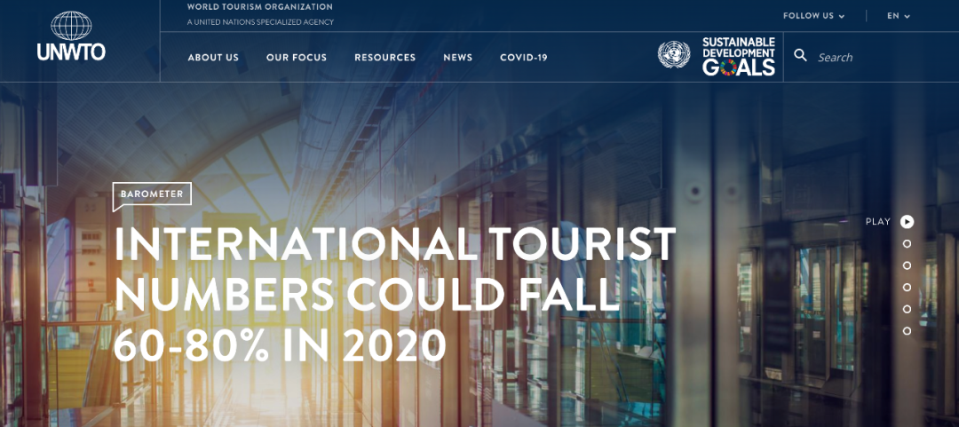 2020年全年国际游客数量将减少60%至80%。/ 世旅组织网站截图
