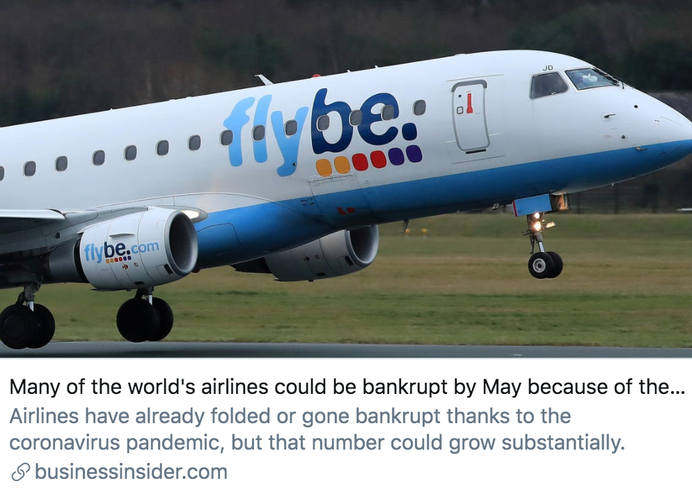 航空顾问机构指出,新冠肺炎疫情导致许多航空公司或将在5月底破产。/ 《商业内幕》杂志报道截图