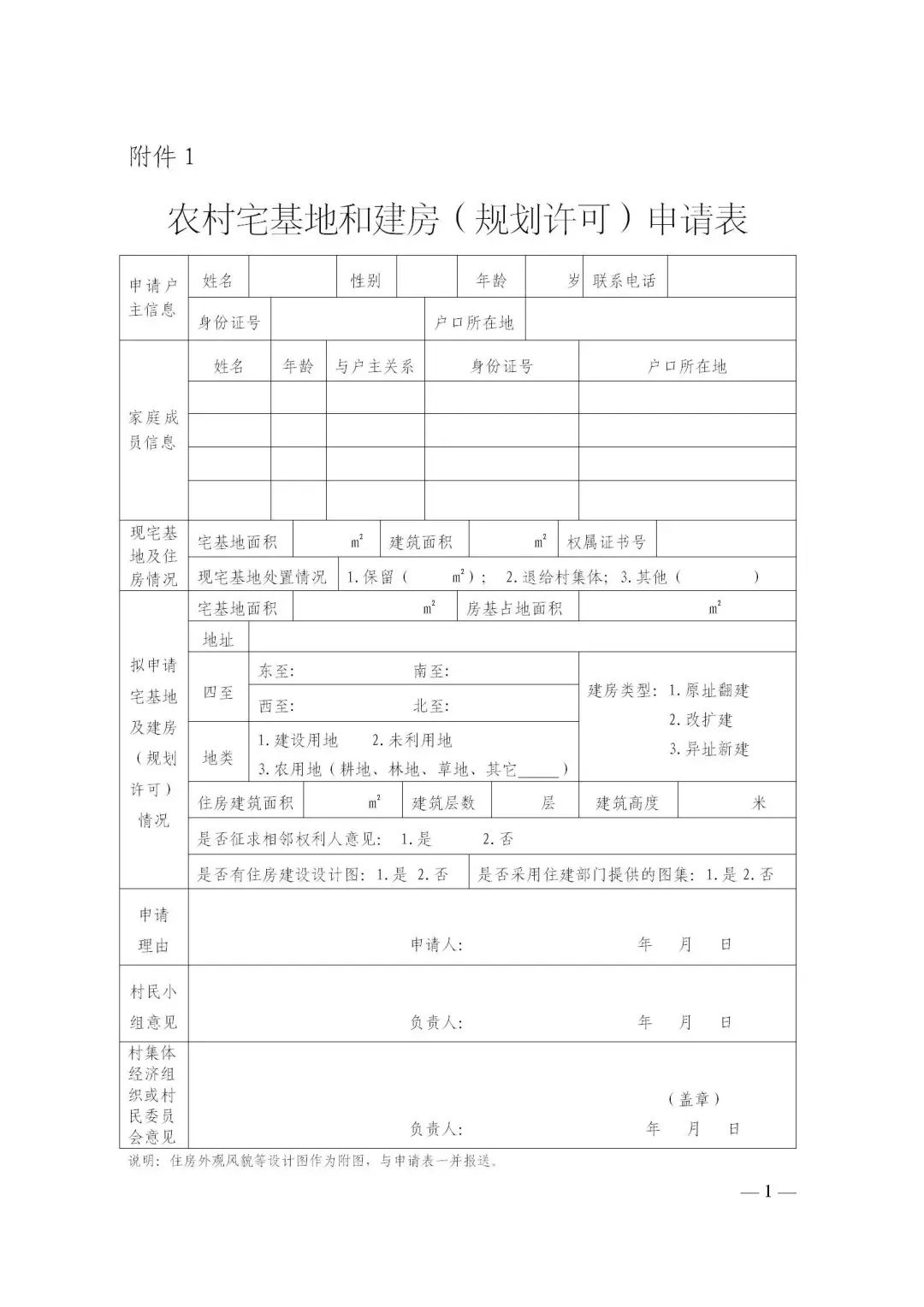 外观风貌等内容,并填报《农村宅基地和建房(规划许可)申请表(附件1)