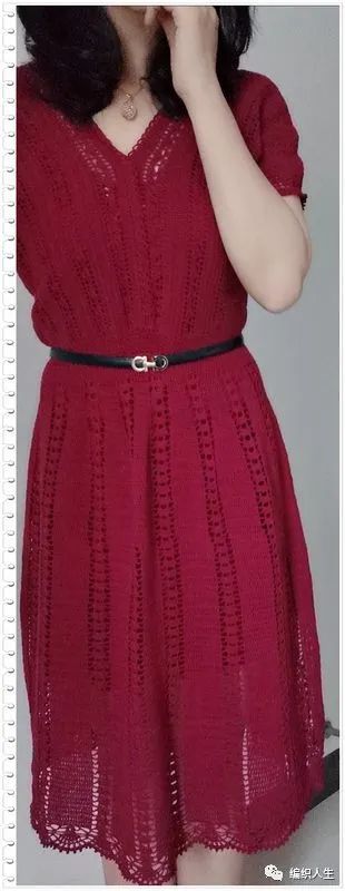 第十届编织大赛作品酒红佳人女士钩针短袖连衣裙有编织图解