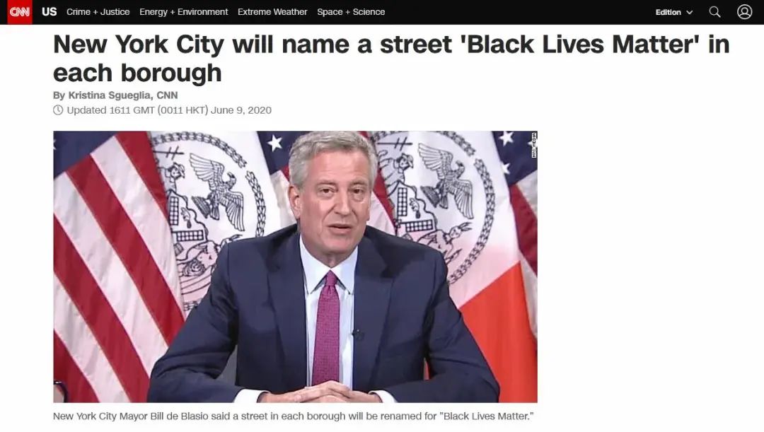 纽约市长：每个区都会有“黑人的命也是命”街
