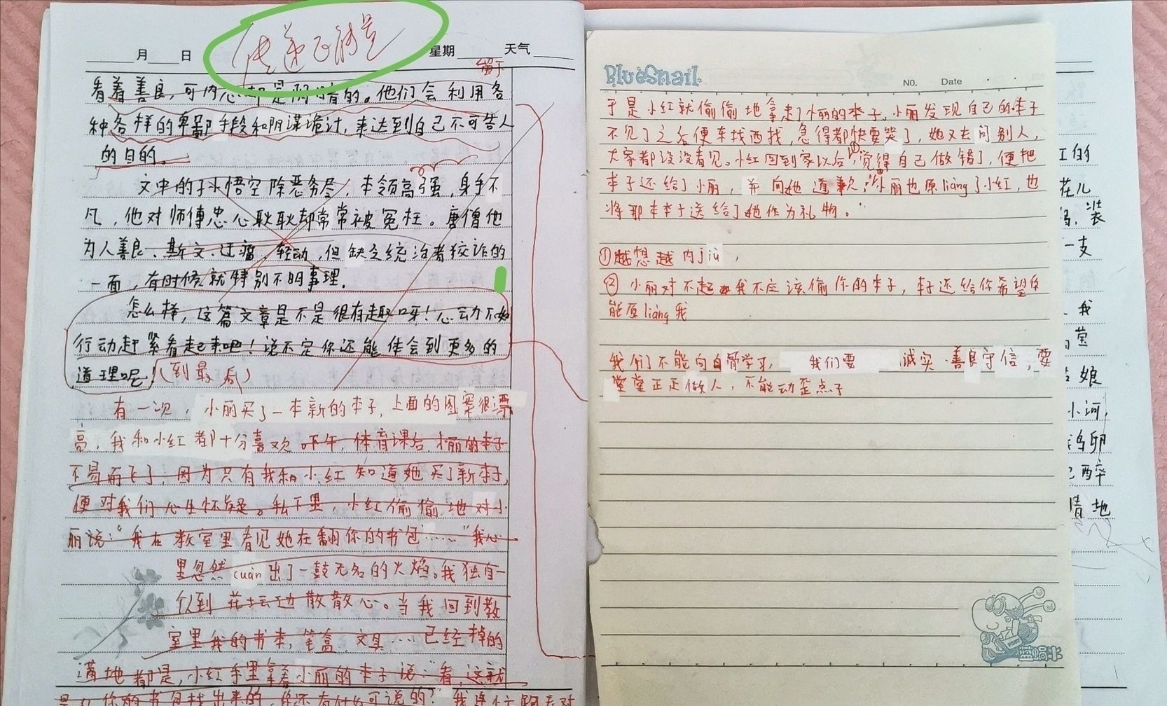妙妙被批改的作文。 受访者供图
