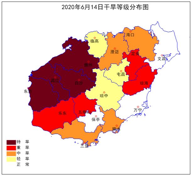 6月14日20时海南岛气象干旱等级分布图(海南省气象台供图)