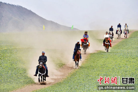 甘肃肃南裕固族传统赛马展草原民族风情