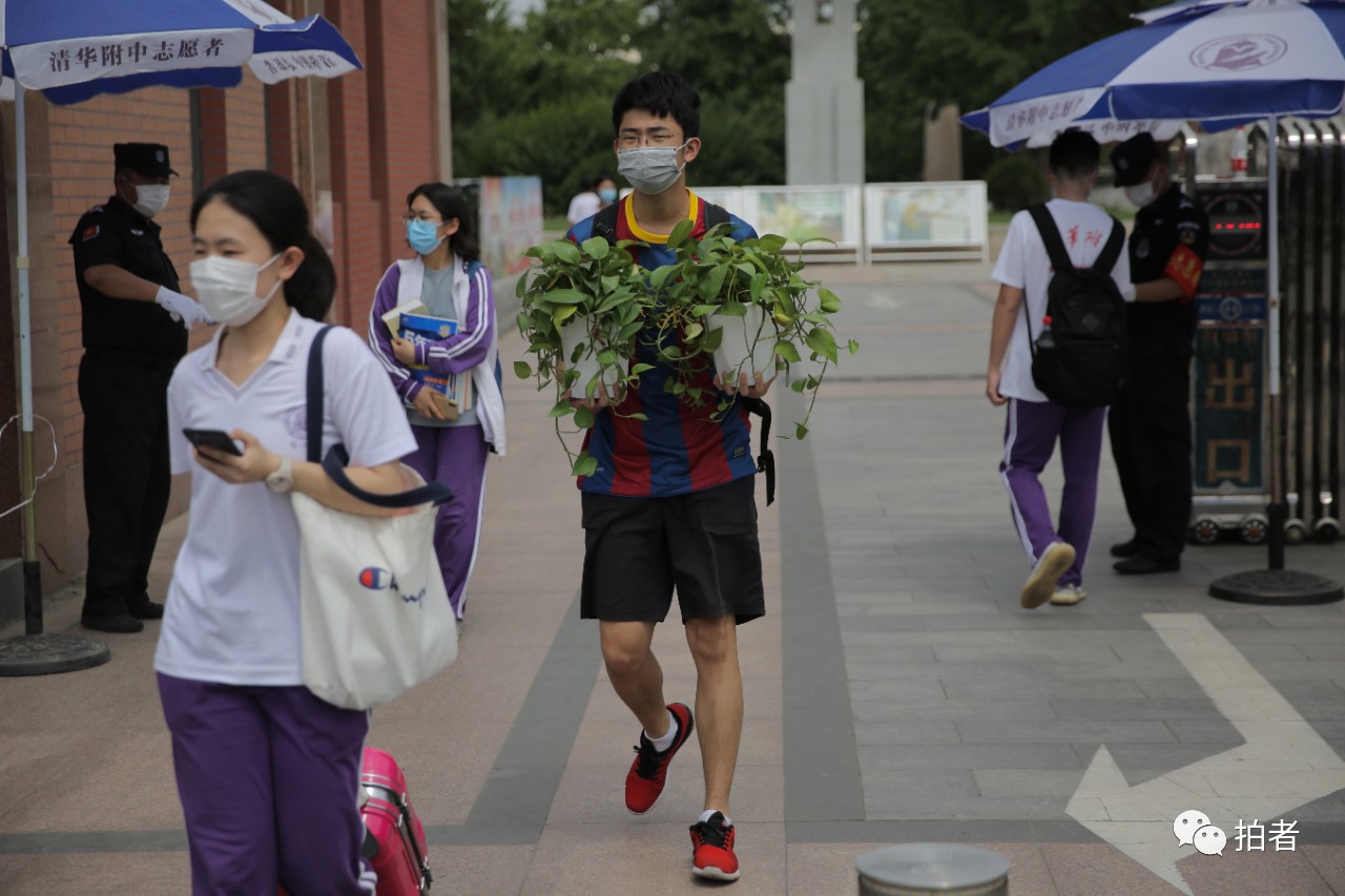 △6月17日,清华附中门口,一名门生抱着两盆绿植离校。拍照/新京报记者郑新洽