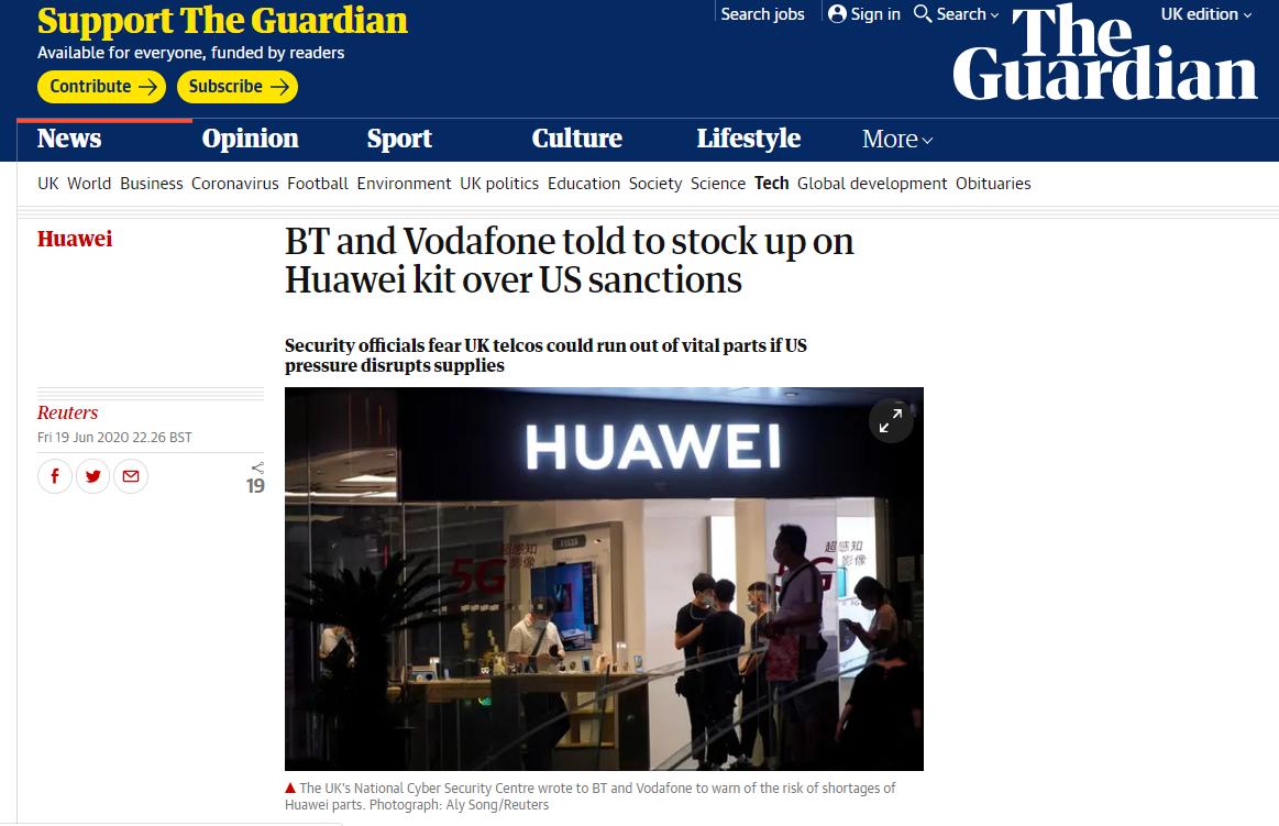 英国安全官员致信电信运营商确保华为设备库存充足