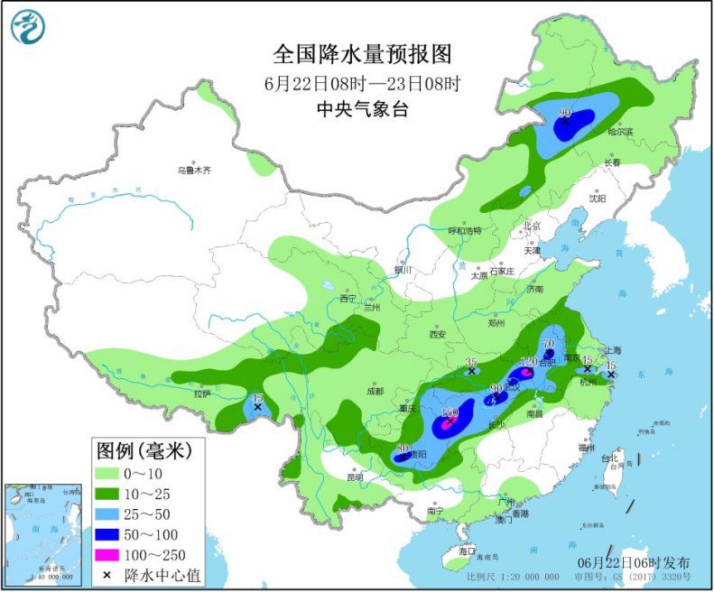 图2 全国降水量预报图(6月22日08时-23日08时) 图片来源:中央气象台