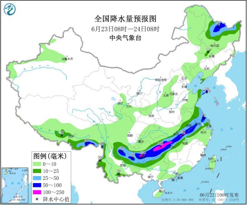 图3 全国降水量预报图(6月23日08时-24日08时) 图片来源:中央气象台