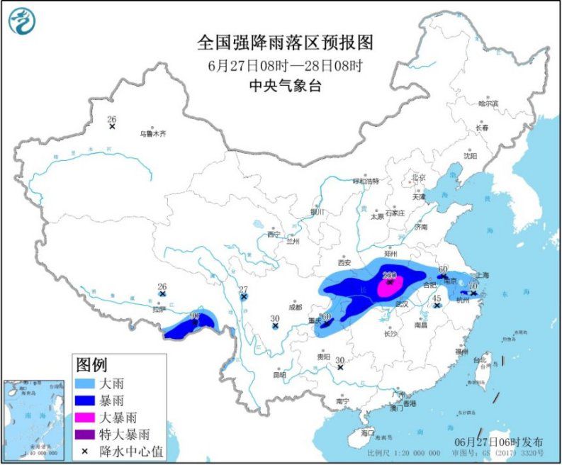 天下强降雨落区预告图(6月27日08时-28日08时) 图片泉源:中心景象台网站