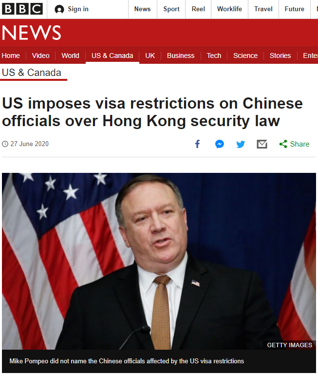 ▲6月27日,BBC:美国对中国官员施加签证限制