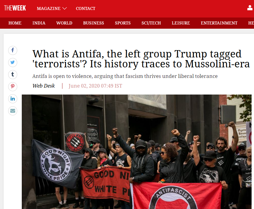 美国总统特朗普5月31日在推特上表示,美国将把 “反法西斯主义运动”(Antifa)列为恐怖组织。图为一家国际网站介绍该组织的截图。