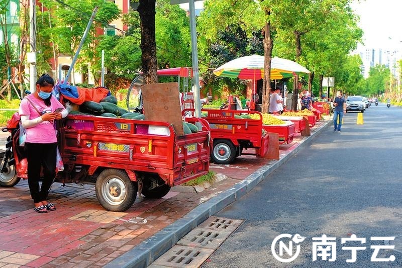 五象大道果蔬临时摆卖点,摆摊车辆停放有序待客来。
