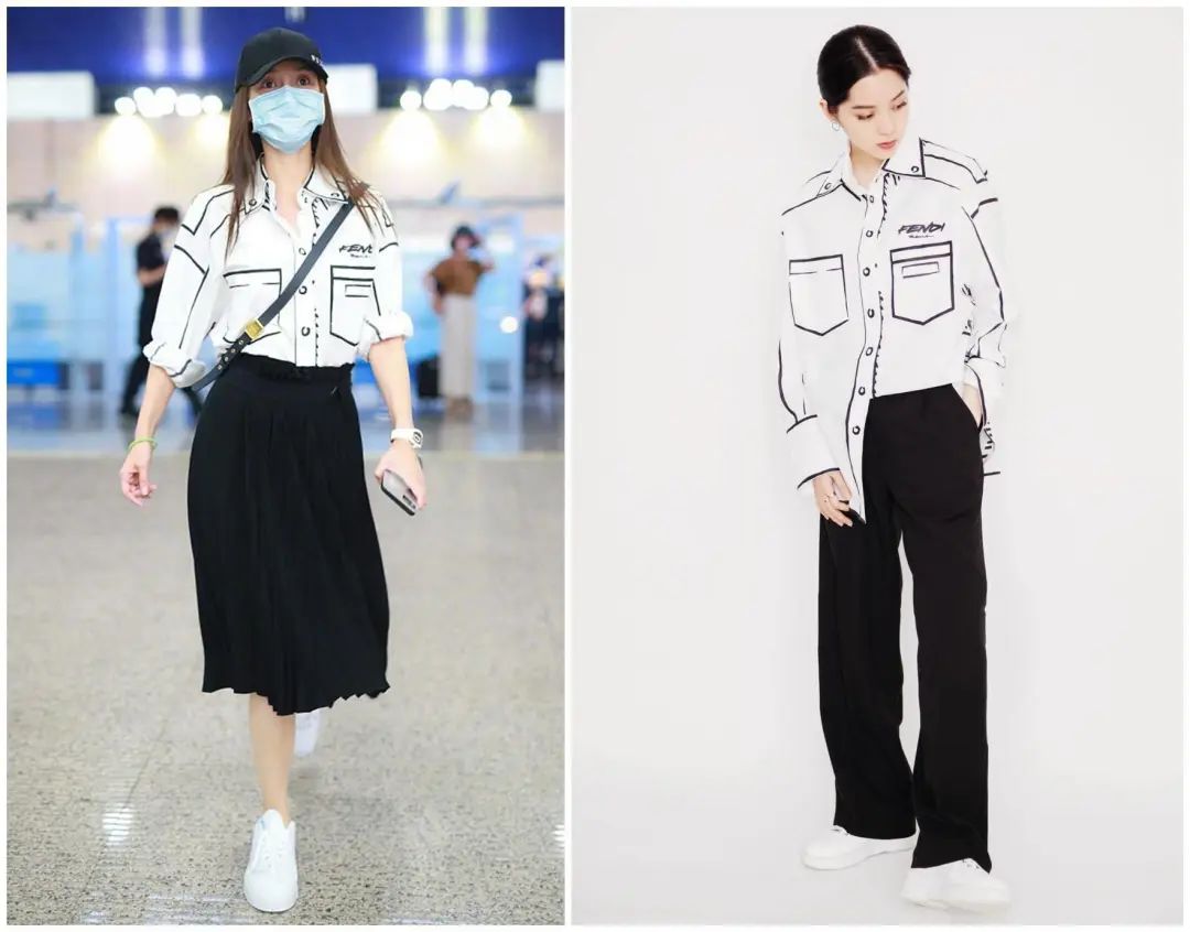 杨颖不愧是模特出身,和欧阳娜娜同穿涂鸦衬衫,差11岁美得惊艳