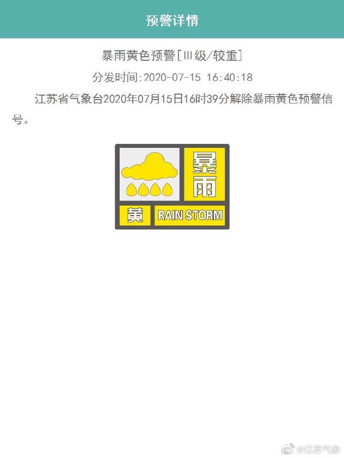 江苏解除暴雨黄色预警信号