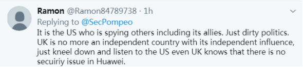 蓬佩奥＂欢迎＂英国禁用华为 却直接被网友回怼