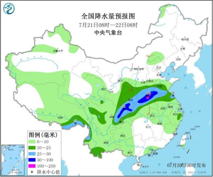 全国降水量预报图(7月21日08时-22日08时) 来源:中央气象台