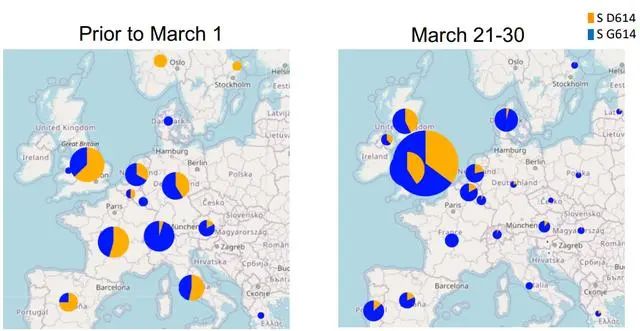 变异毒株的全球分布情况。 来源：Cell