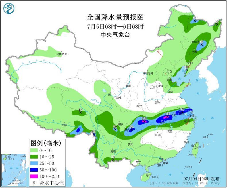 图3 全国降水量预报图(7月5日08时-6日08时)