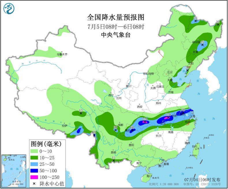 图3 全国降水量预报图(7月5日08时-6日08时)